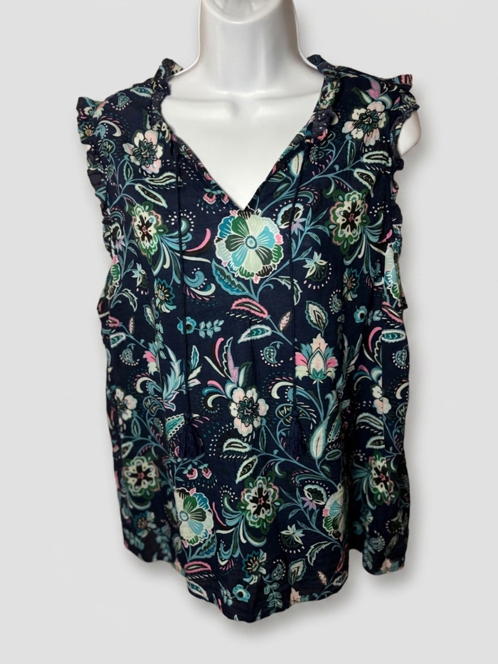Talbots Petite Navy Blue Floral Cap Sleeveless Blouse with Tassel Tie